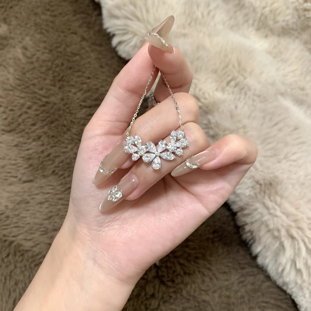 吊坠925银 潮派S925纯银满钻繁花项链富贵优雅千金感淑女小众设计
