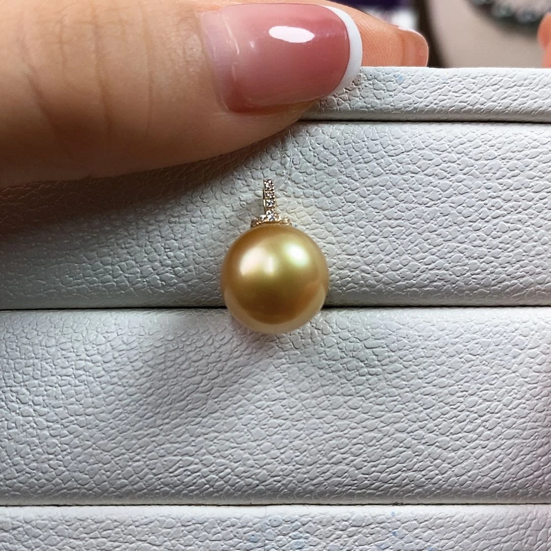 海水珍珠18K金镶嵌吊坠(不含链)11-12mm南洋金珠吊坠（基本无暇）