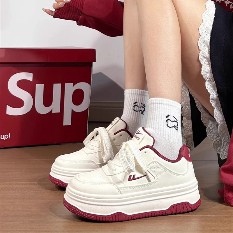 回力酒红厚底小白鞋女冬季新款百搭爆款增高鞋子小众女鞋休闲板鞋