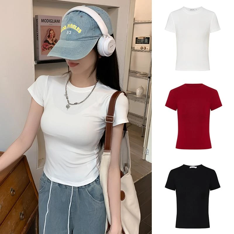 (新疆发货 ）纯棉正肩t恤凉感短袖女辣妹短款打底衫修身纯色上衣
