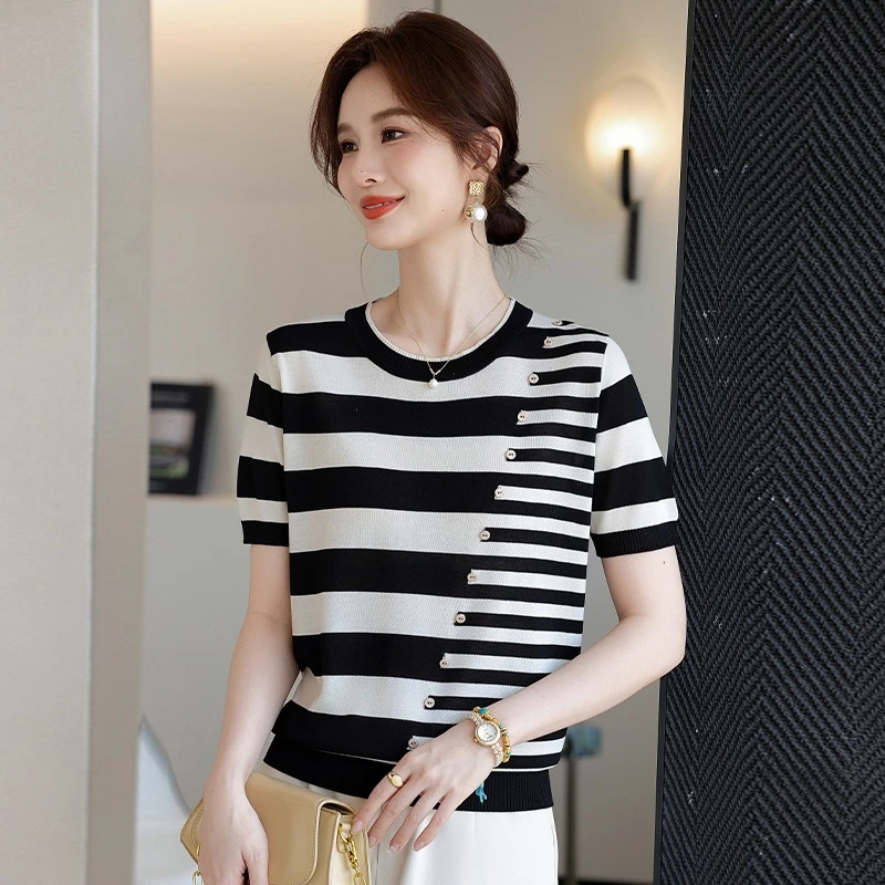 品牌法式轻奢条纹夏季爆款T恤显瘦洋气圆领宽松薄针织纽扣上衣