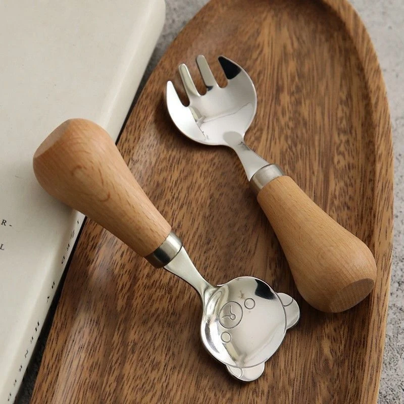 【曲奇】小圆勺304不锈钢勺子木柄可立式叉子小勺圆口甜品勺小勺子