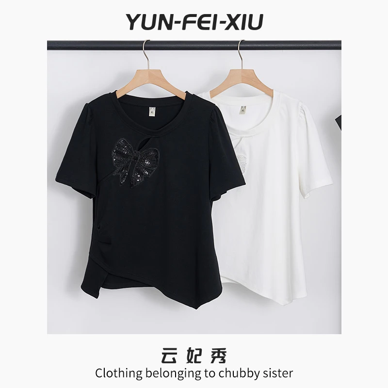 云妃秀大码女装T恤宽松简约圆领百搭微胖上衣显瘦遮肉休闲夏5638