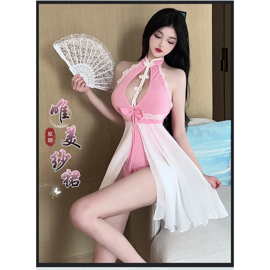 性感旗袍诱惑女纯欲古风连体衣制服诱惑套装短款粉色纯欲风服装