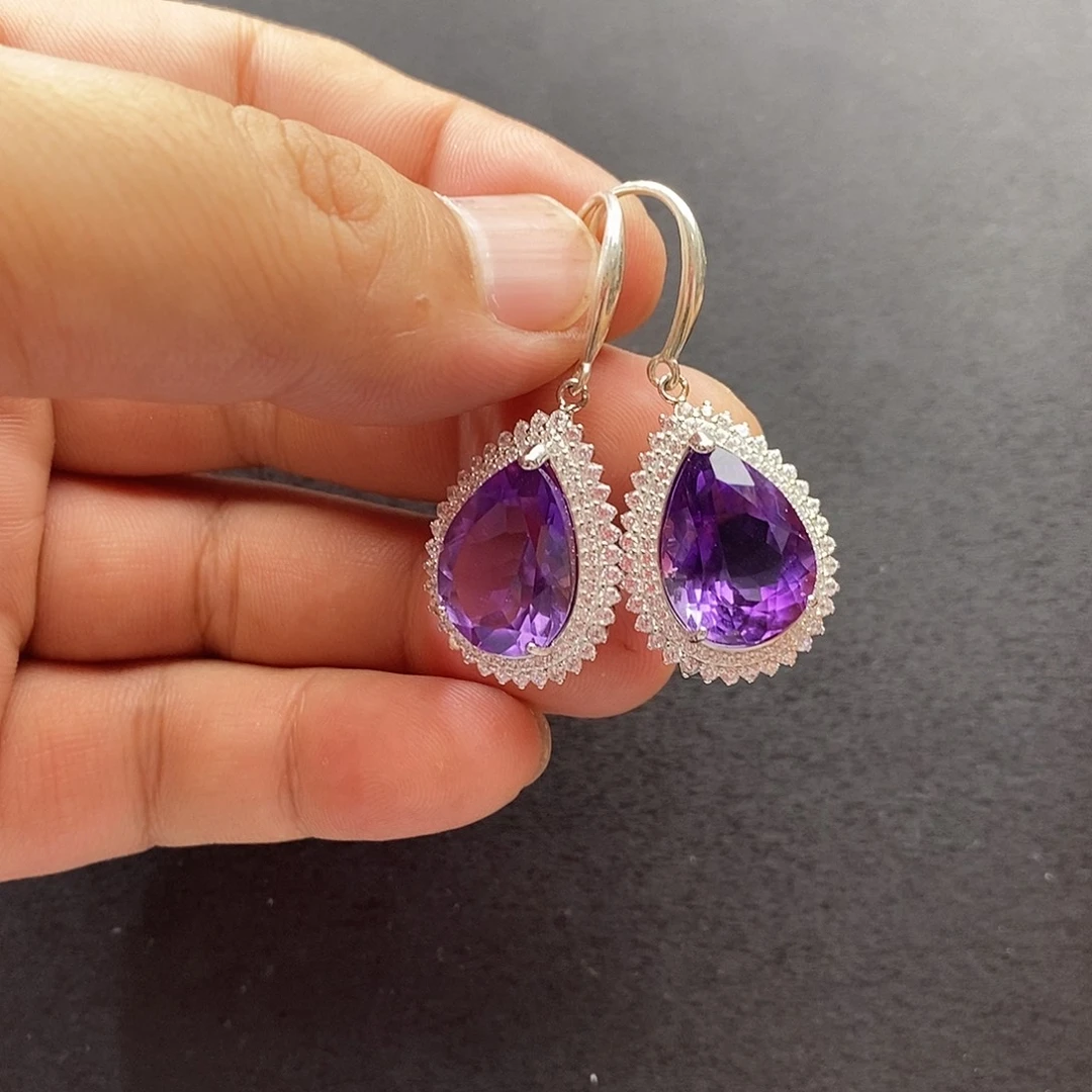 紫晶耳饰银S925镶嵌耳坠