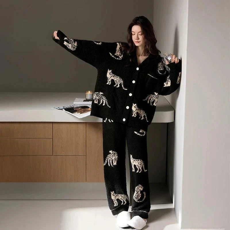 【初沁枫】半边绒气质黑豹轻奢开衫睡衣女冬季新款加绒加厚家居服