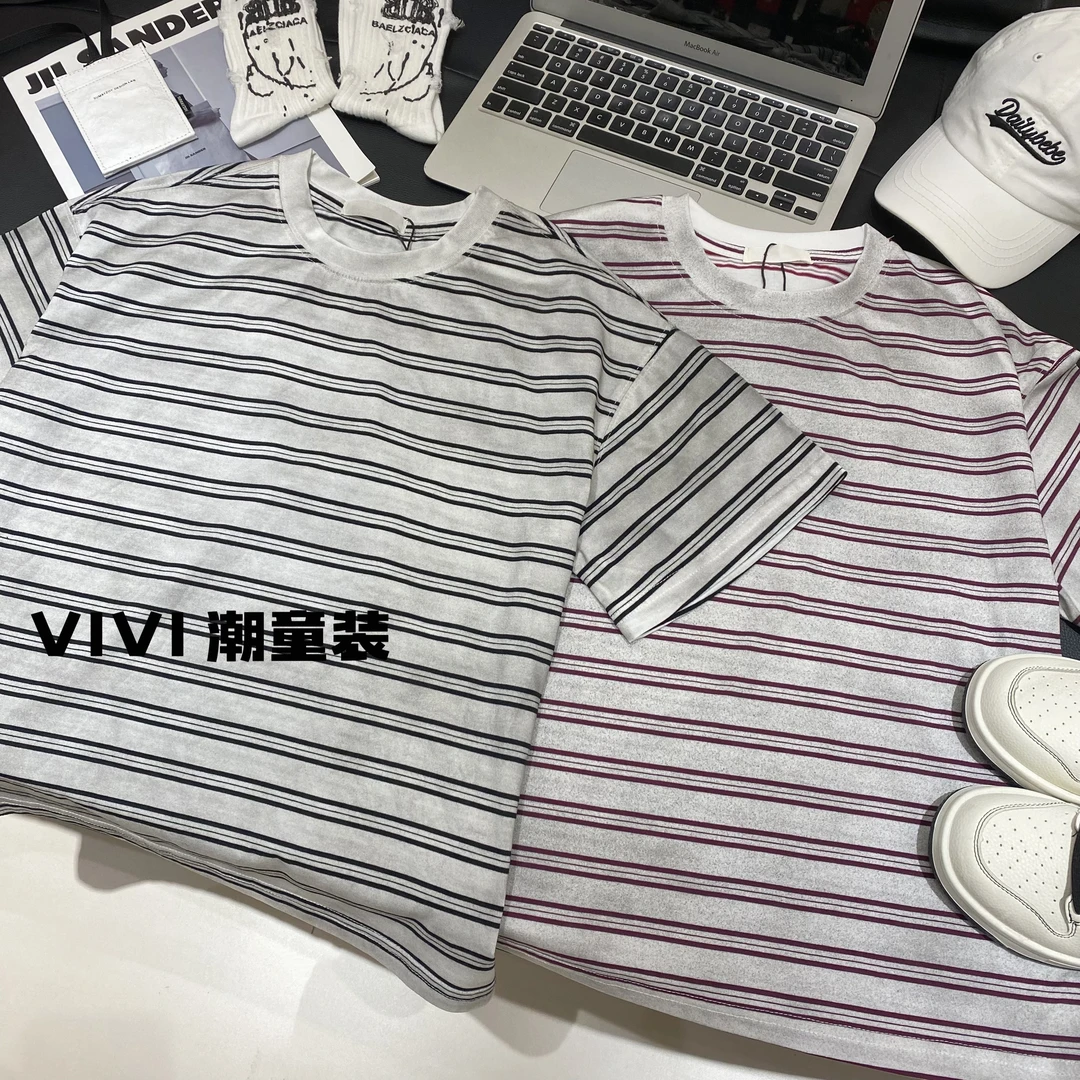 VIVI童装2025夏季潮牌中大童水洗薄条纹短袖T恤百搭半袖上衣儿童