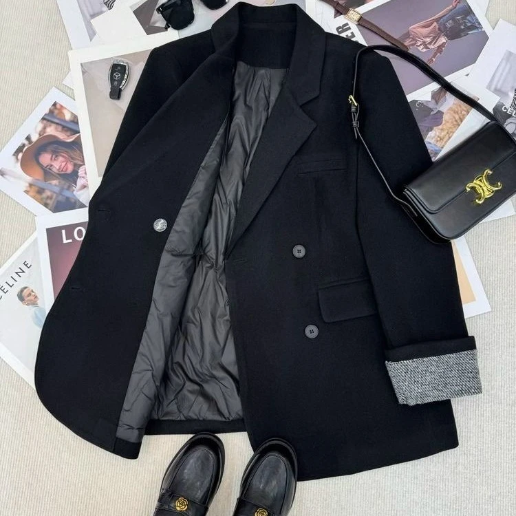 欧货高级感灰色翻领加棉西装外套女2025秋冬新款宽松简约加厚上衣