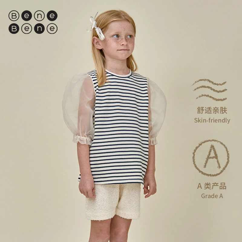儿童童装女童休闲舒适亲肤条纹无袖夏季撞色透明纱条纹T