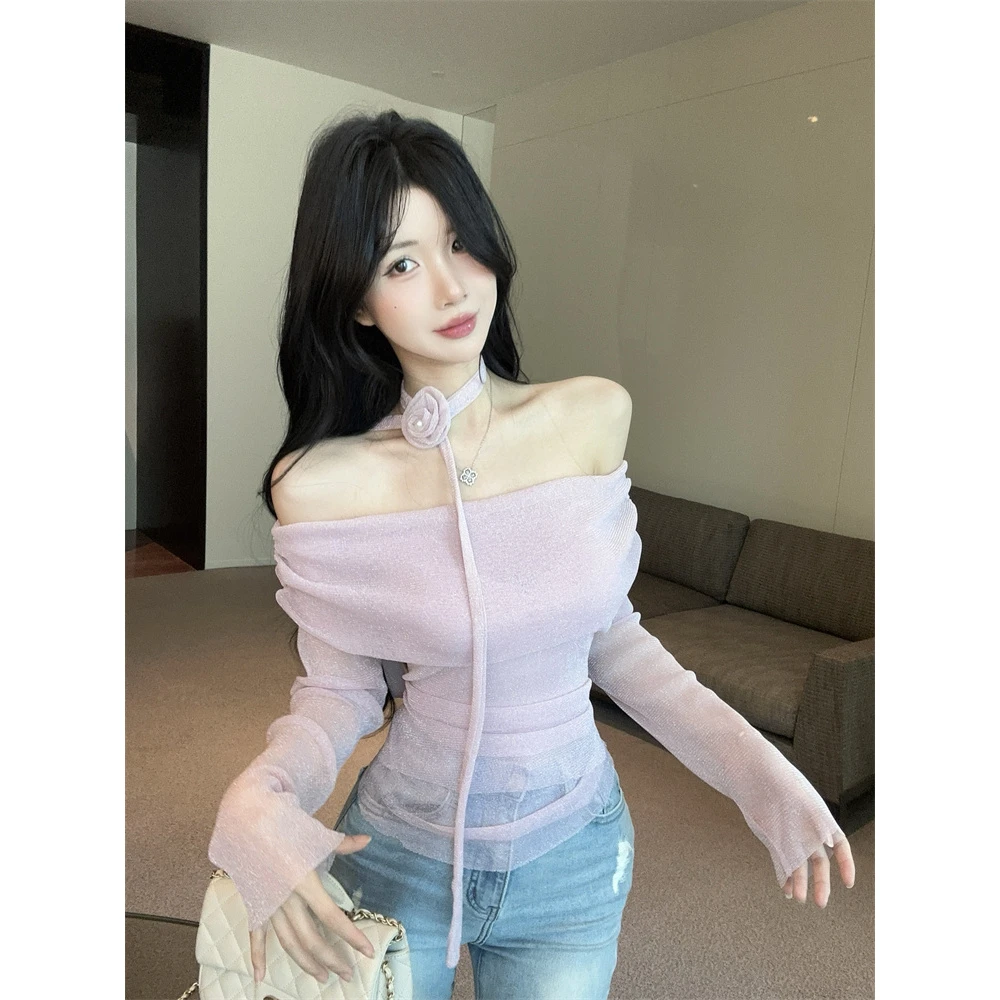 纯欲辣妹法式粉色细闪飘带立体珍珠花朵性感一字肩上衣慵懒风女装