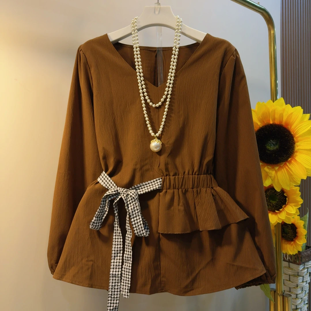 YD早秋新款纯色长袖V领收腰蝴蝶结大码衬衫