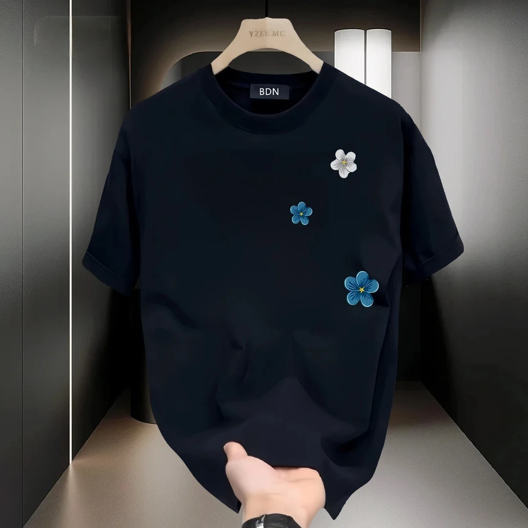 新款纯棉男士短袖T恤2025新款国潮风原创印花修身百搭圆领上衣男