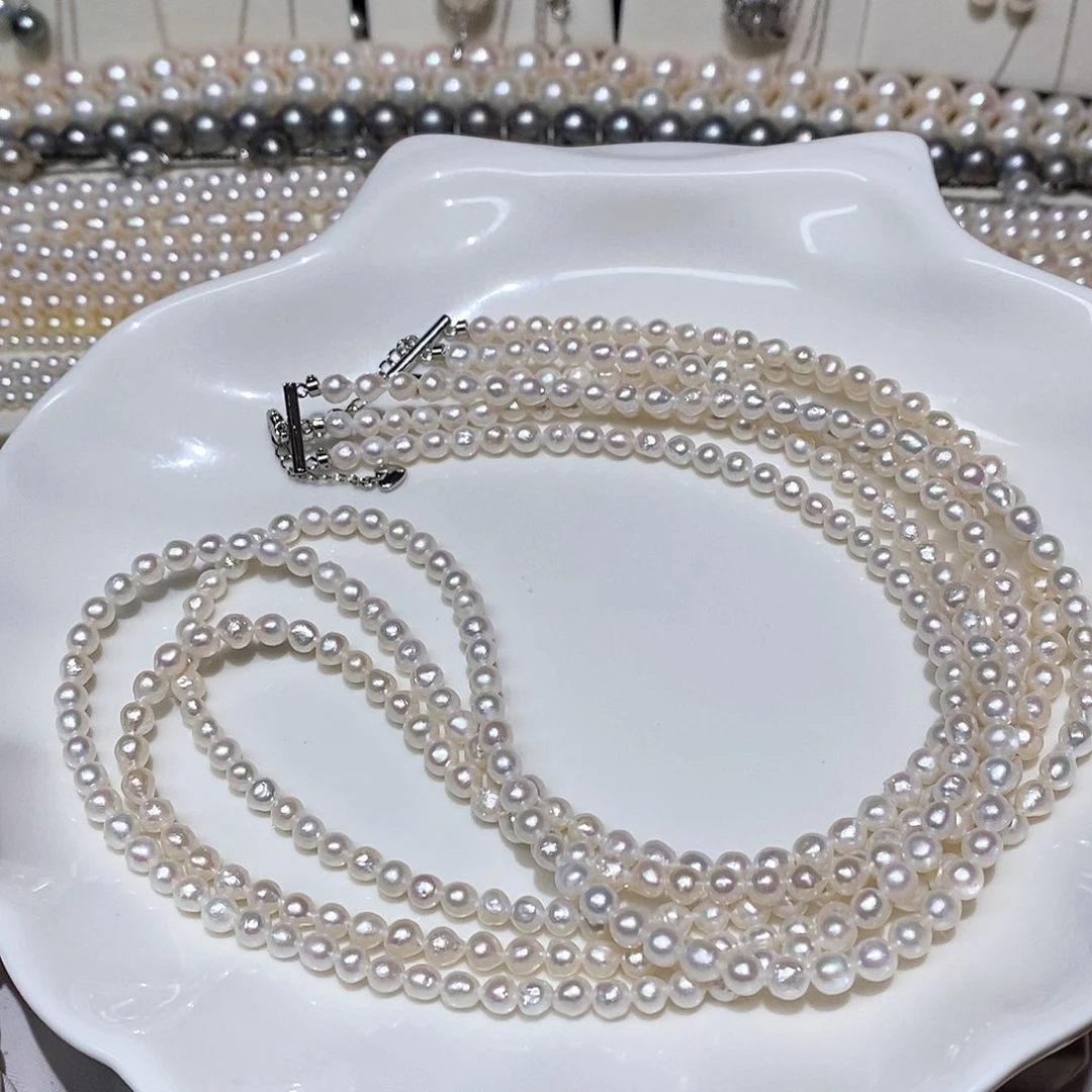 淡水珍珠银S925镶嵌颈饰4-5mm三圈毛衣链
