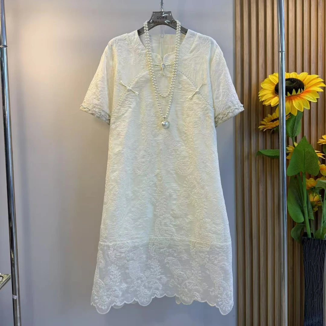 大码蕾丝刺绣连衣裙上衣女夏季2025新款宽松显瘦中长款打底旗袍裙