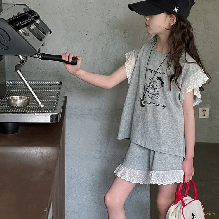 【丫丫童装】2025夏季新款女大童春季花边短裤套装-K716