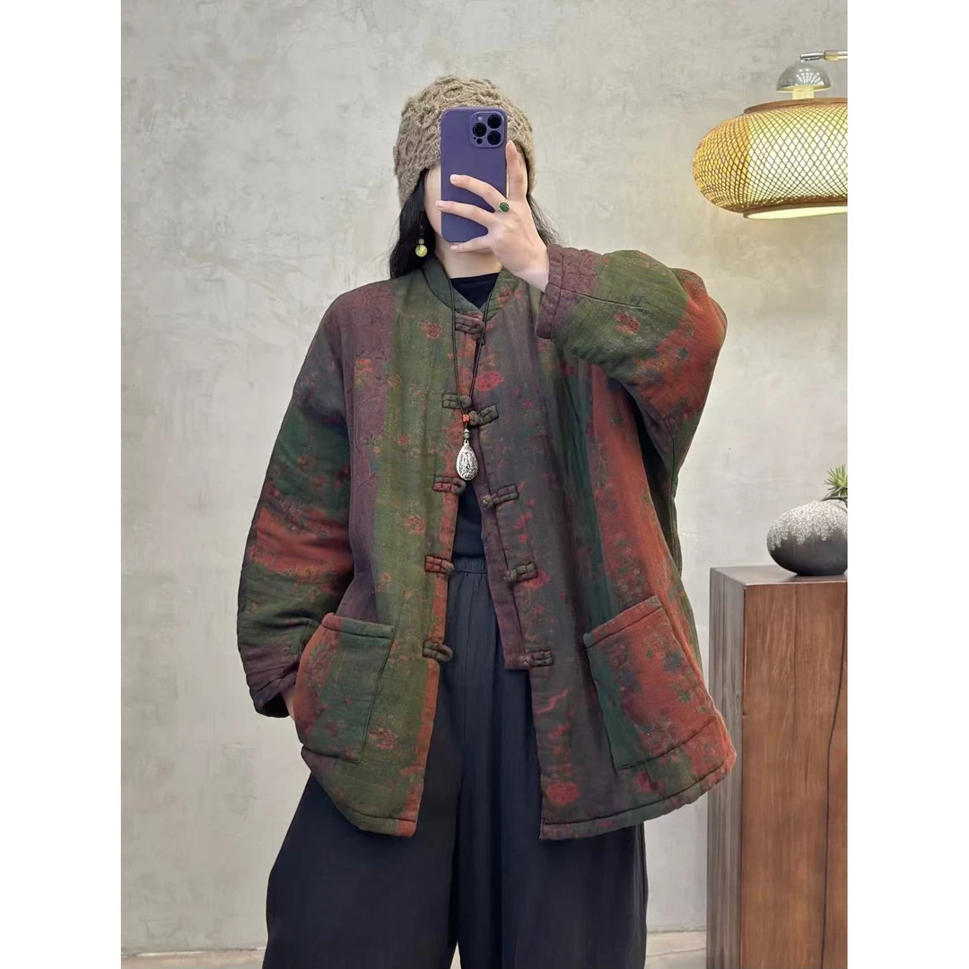 8687新款春秋季复古宽松百搭时尚短款文艺上衣女印花休闲长袖外套