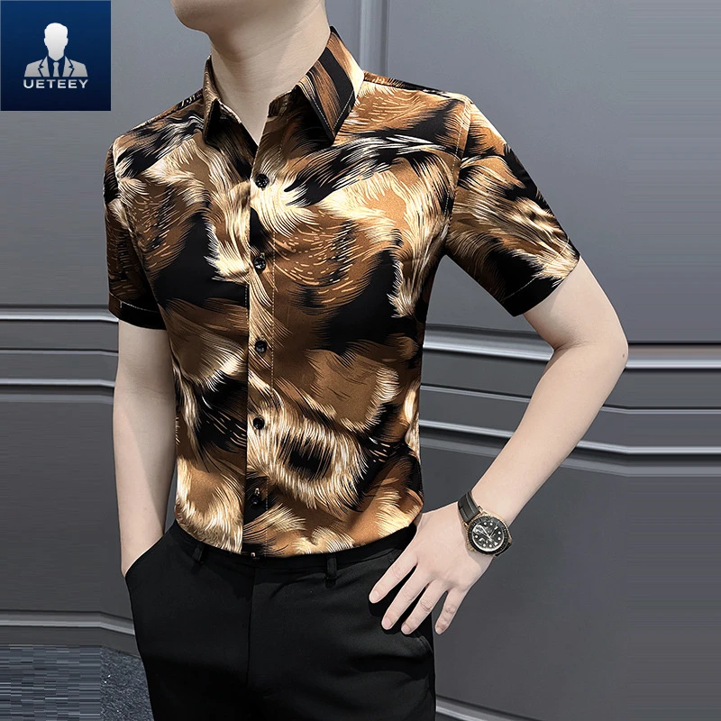 夏季短袖男士男龙纹印花冰丝衬衫男装痞帅帅气运动风半袖衬衣男款