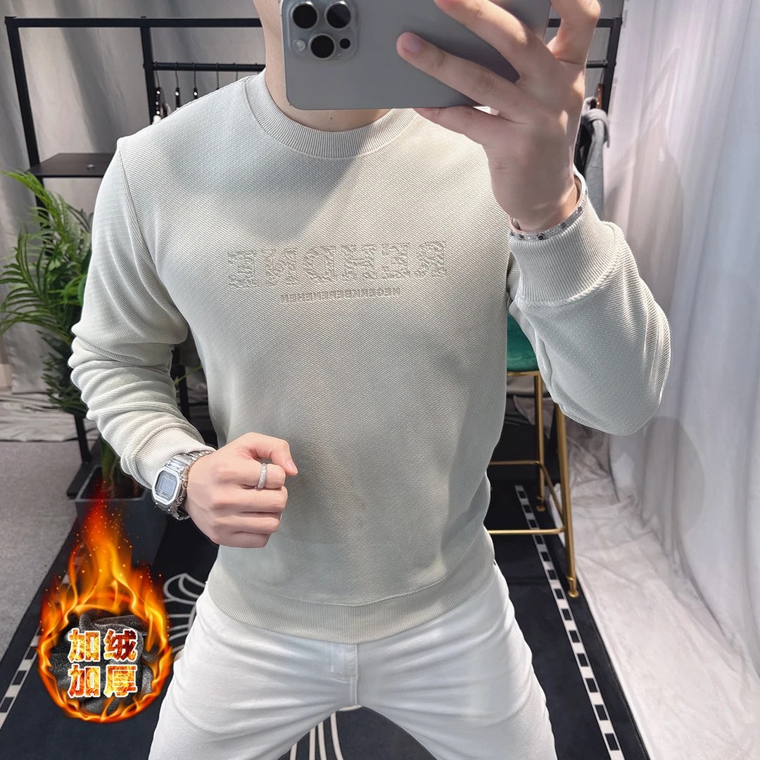 欧洲站男士卫衣2025新款加绒加厚保暖长袖打底衫潮牌简约字母烧花