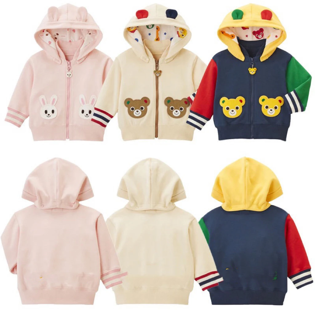 秋冬新款男女儿童卡通熊兔贴布口袋拉链连帽外套开衫f