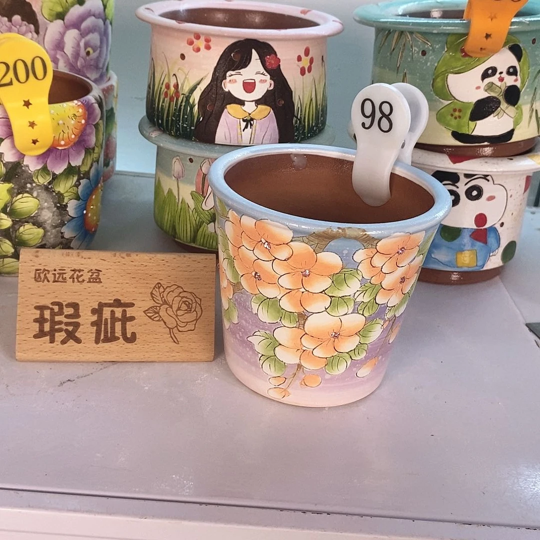 紫砂花盆红陶手绘花盆