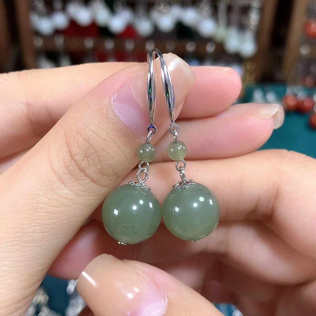 和田玉耳饰银S925镶嵌卡12mm左右绿晴水