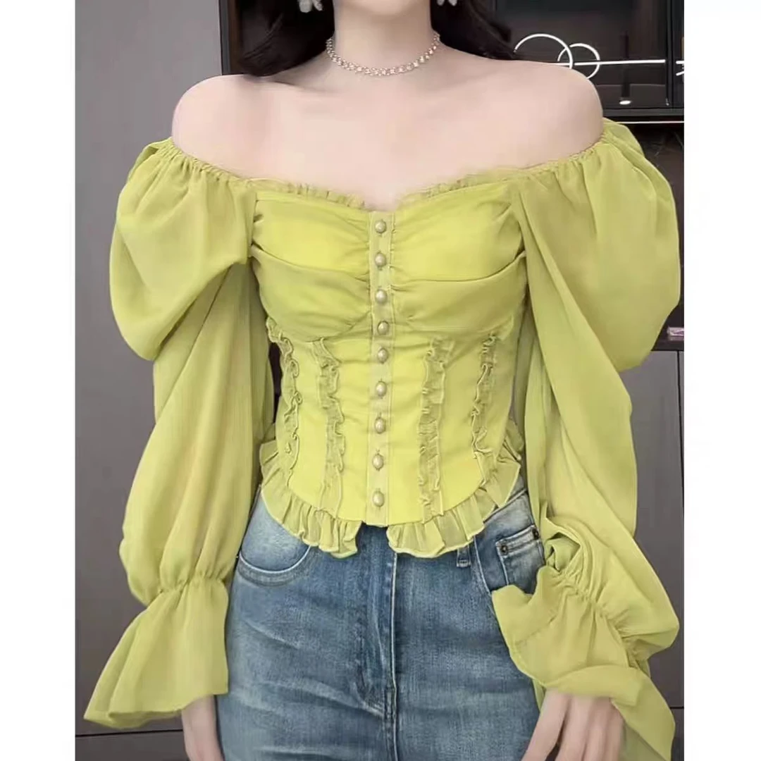 【RRSIFU蓉蓉专属】XS1827纯欲花边收腰荷叶边一字肩上衣