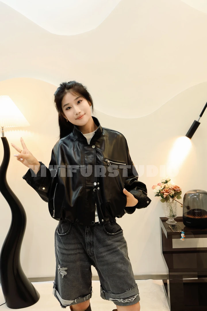 【YiYi】推荐复古拉链欧美感美拉德绵羊皮机车服夹克女士皮衣外套