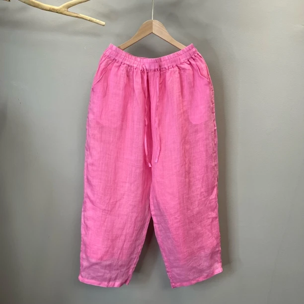 麻艺-夏款100纯苎麻双层老爹裤高腰纯色宽松显瘦百搭休闲松紧腰