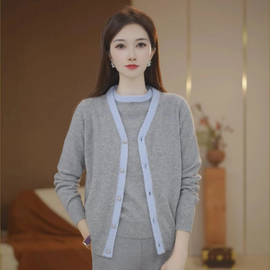 【莎莎专属】100%美丽诺羊毛2025秋冬新款圆领简约开衫女1599323