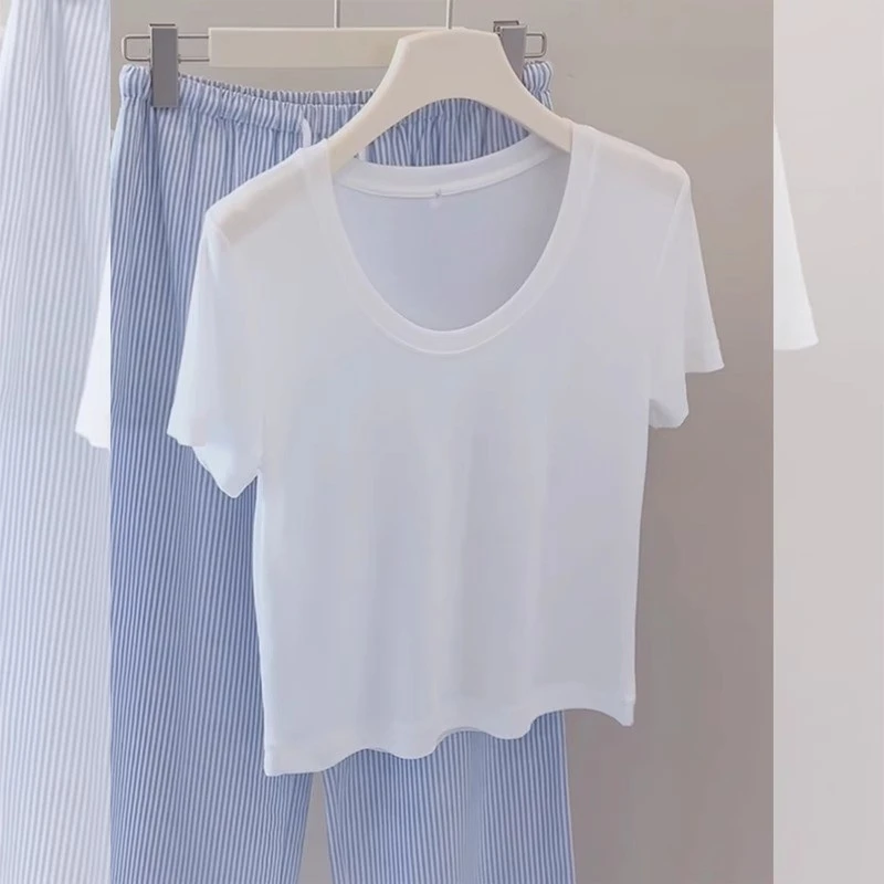 鹅蛋领白色t恤短袖女款爆款2025新款漂亮小衫夏季宽松显瘦上衣潮