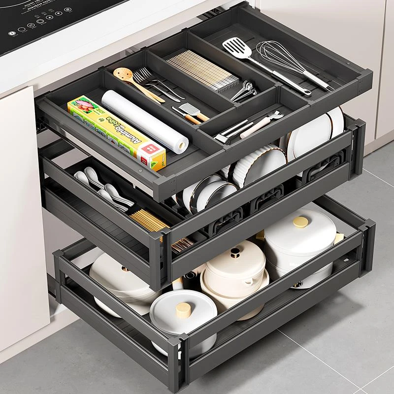 拉篮厨房橱柜三层开门式抽屉式碗碟篮铝合金碗架锅架收纳碗碟碗篮