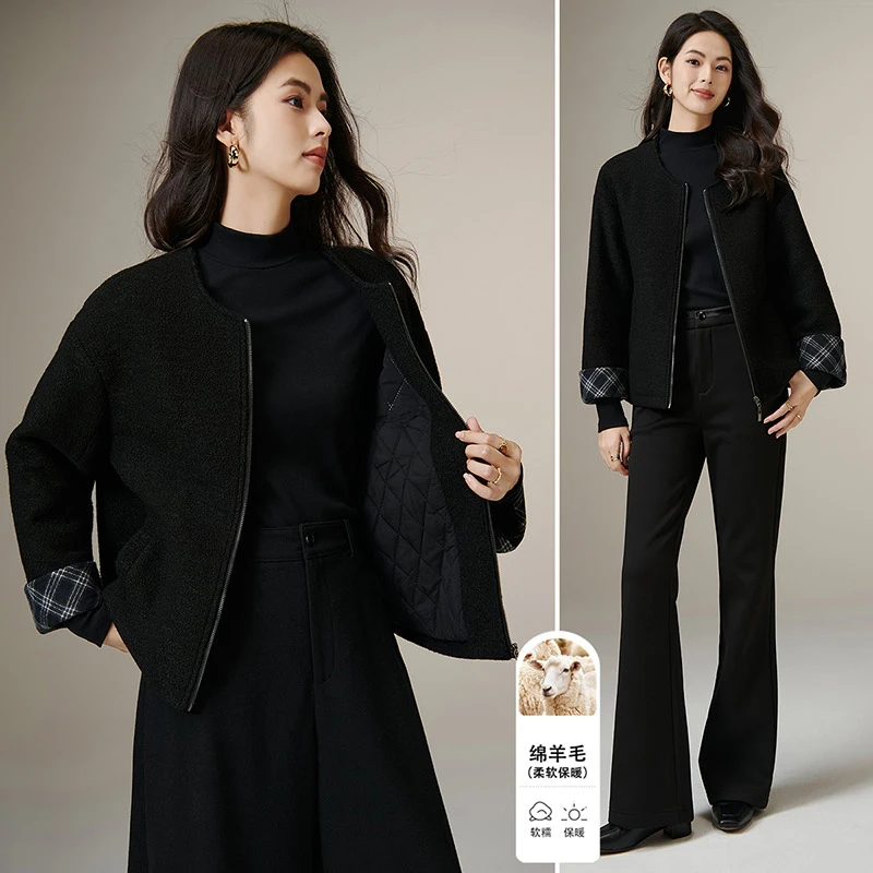 【新品】2025拼接圆领夹棉毛料外套女25102450