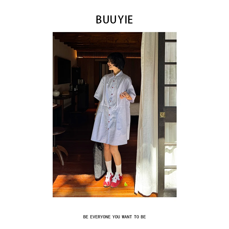 BUUYIE 25SS【简熙】小众设计款亲肤蓝底红条连衣裙 250669