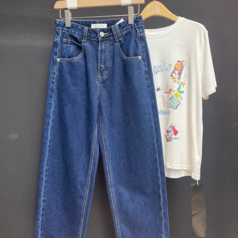 66170#SUOMALA欧货2025小个子简约时尚宽松直筒深蓝牛仔裤