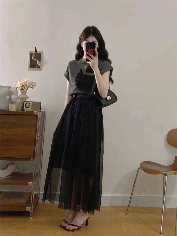 月月家：网纱半身裙叠穿短袖T恤连衣裙两件套大码