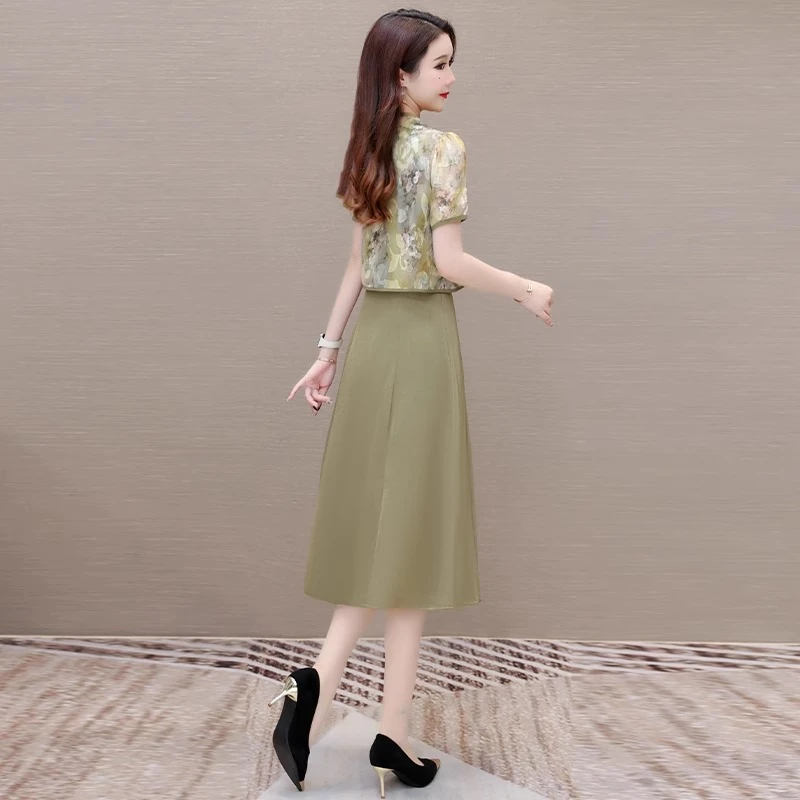 品牌高端时尚国风连衣裙女夏季漂亮妈妈高贵礼服沙沙旗袍两件套装