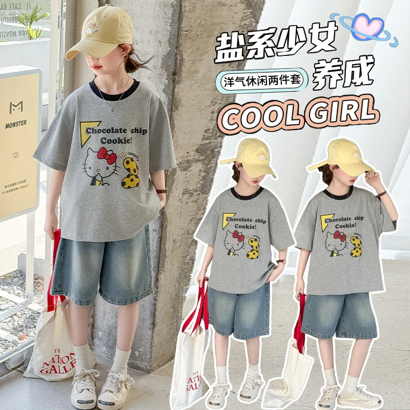 女童夏季短袖套装2025新款女大童夏装休闲T恤8儿童牛仔短裤两件套