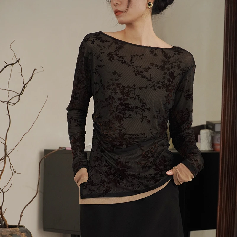 【妮娣原创】网纱打底衫2024秋冬新款内搭上衣打底