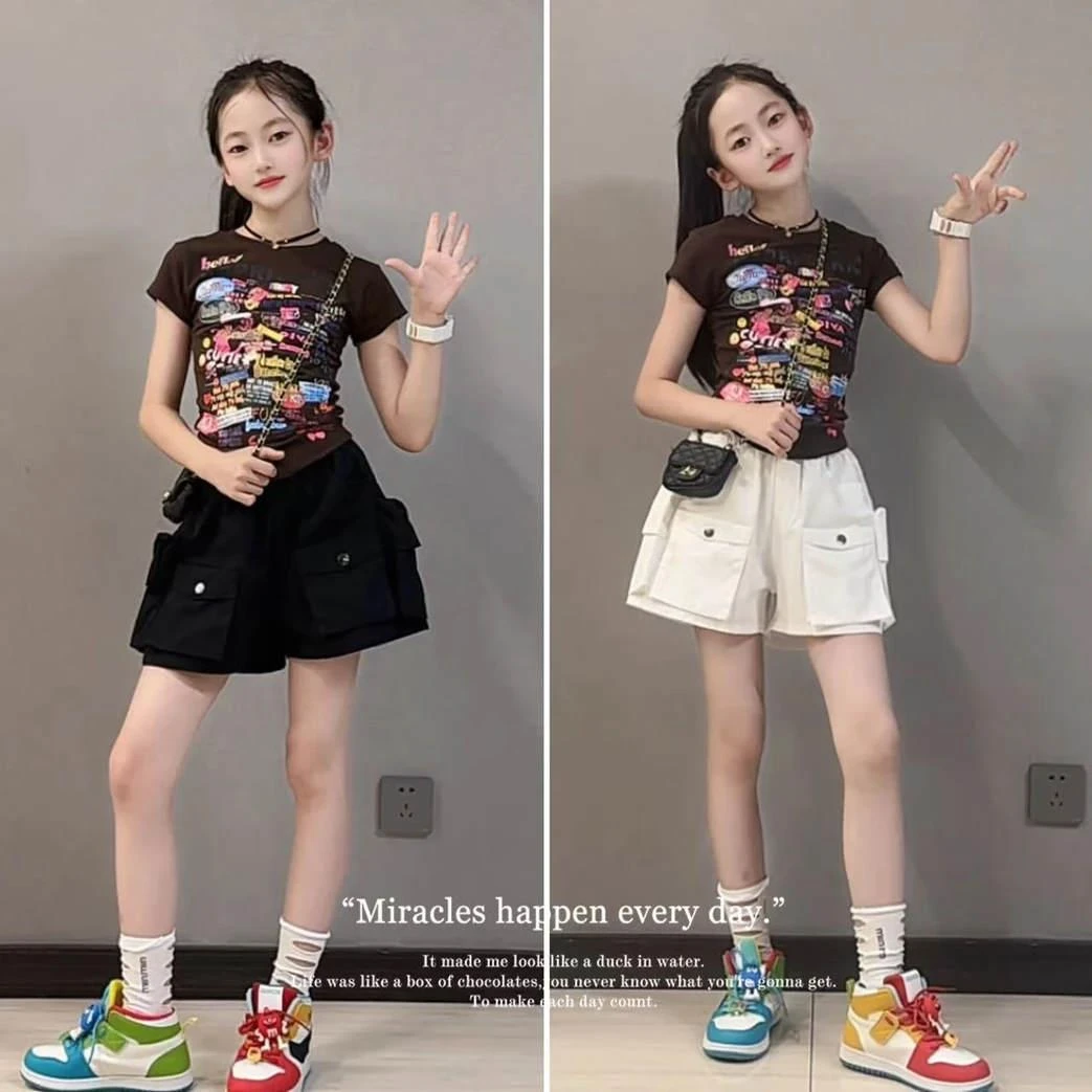 卡通印花短袖套装正肩T恤女童夏季2025新款修身收腰短款上衣短裤