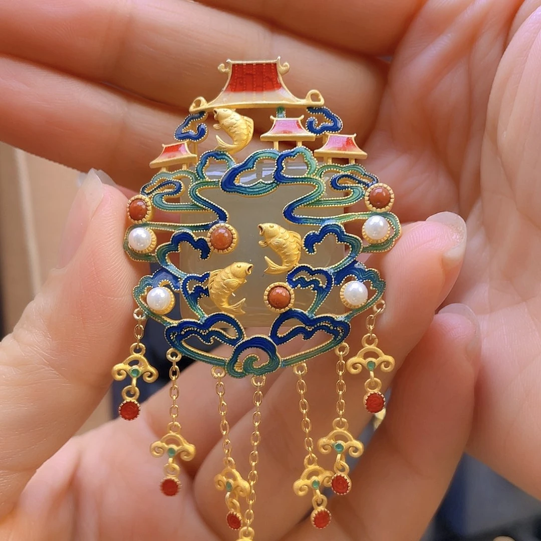 和田玉颈饰银S925镀金镶嵌