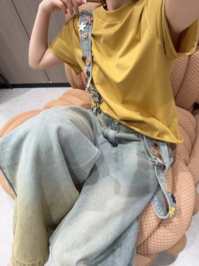 舟舟【泥染背带裤】长裤中古风复古做旧重工纽扣怀旧夏季牛仔裤