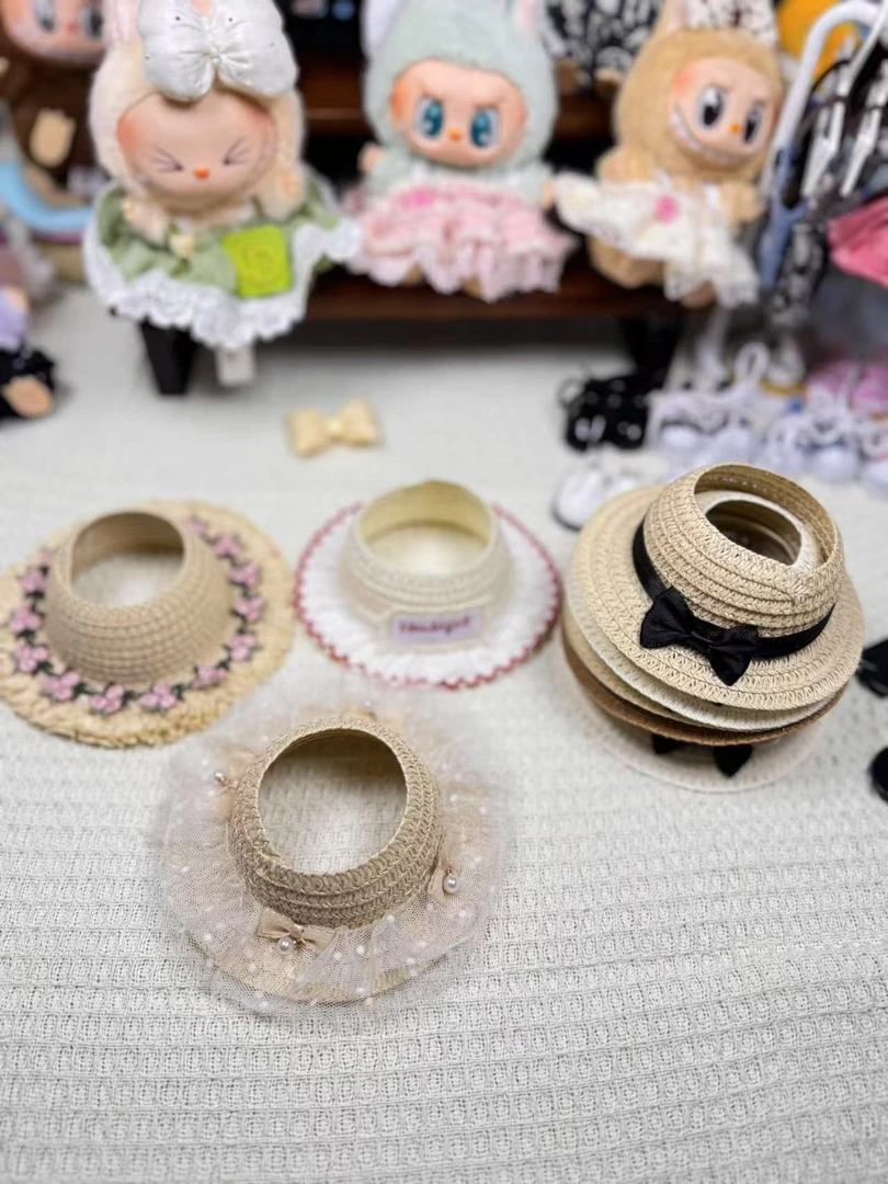 拉布布草帽创意玩偶小香风帽子labubu搪胶娃娃编制太阳帽娃衣