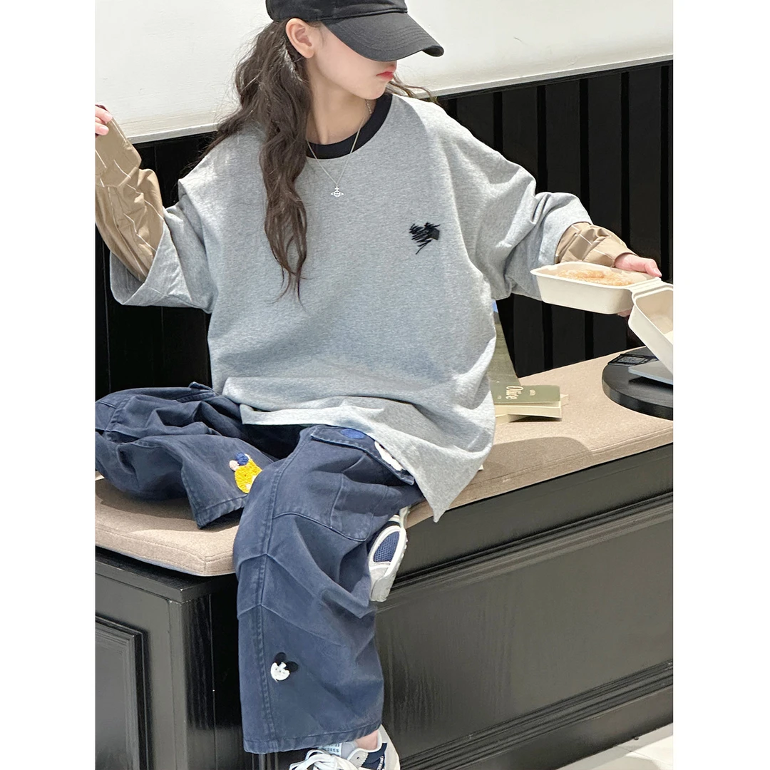 K29820孙小美假两件女童长袖T恤2025秋新款儿童上衣衬衫春秋衣服