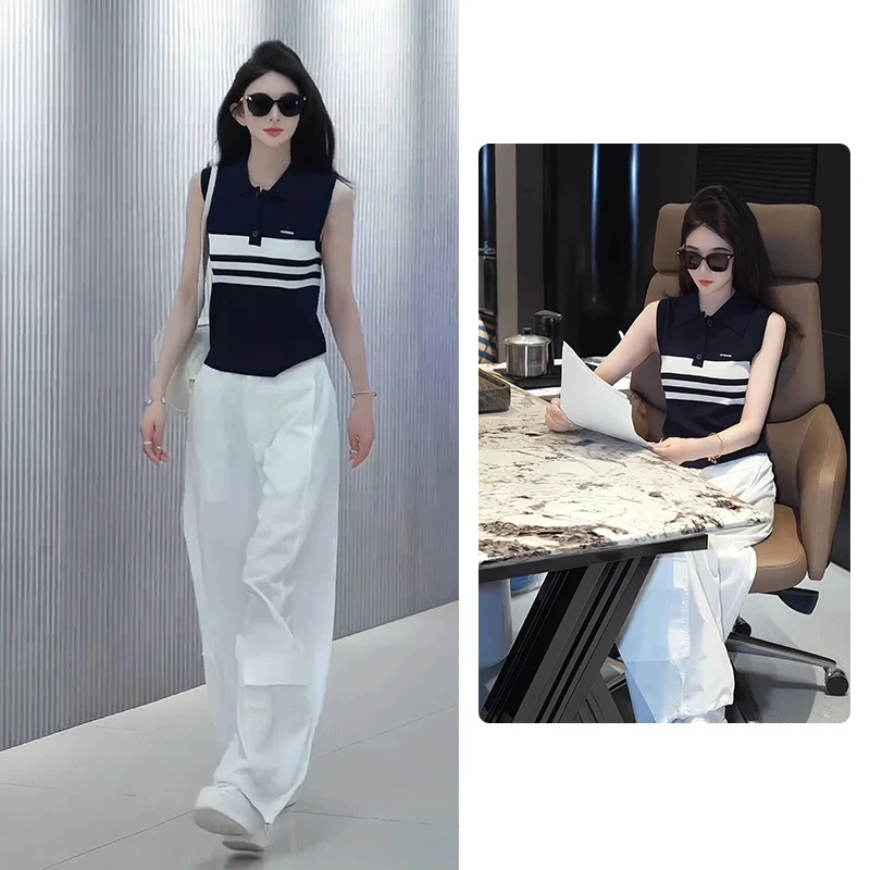 美式设计感条纹撞色无袖T恤女夏季2025新款超好看修身显瘦ins上衣