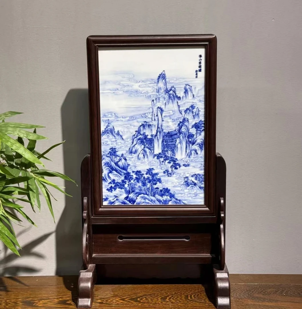 【仙山碧阁图青花插屏】——至臻方远