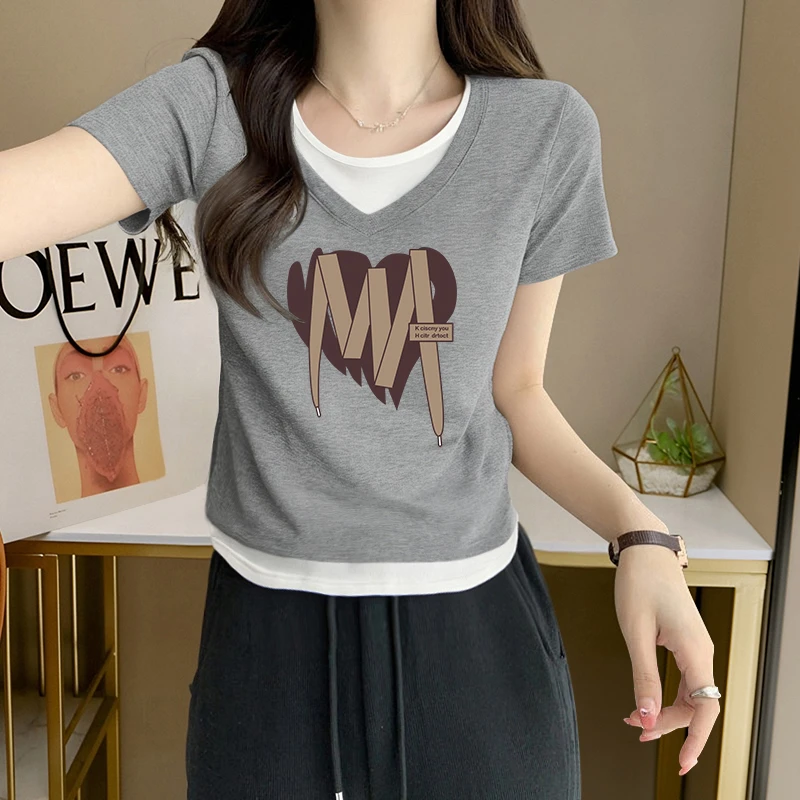 纯欲风辣妹修身显瘦短袖T恤女士夏季设计感撞色假两件V领印花上衣