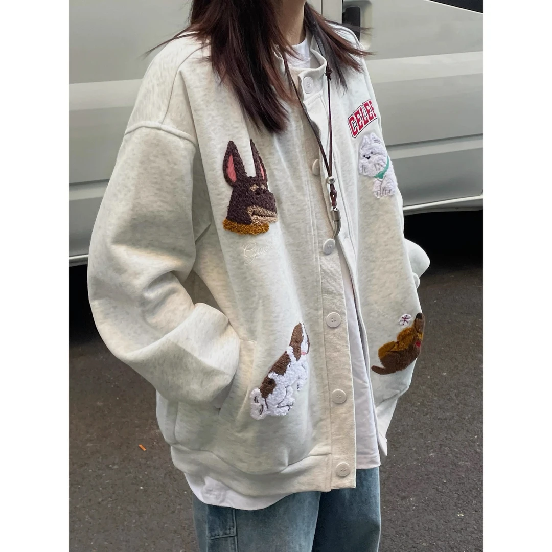 美式高街毛巾刺绣小狗棒球服开衫外套春秋款潮牌百搭情侣上衣女男