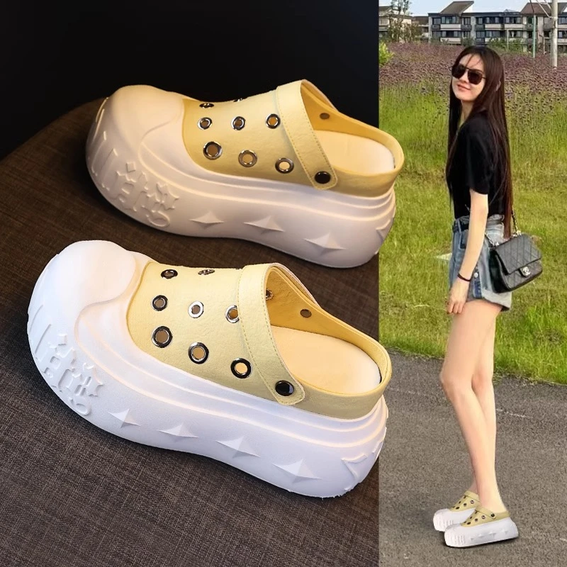 增高洞洞鞋女2025夏秋季新款厚底懒人一脚蹬两穿松糕厚底凉拖鞋子