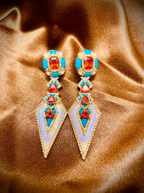 铜合金耳饰 铜合金Vintage重工法式红色琉璃锆石耳饰