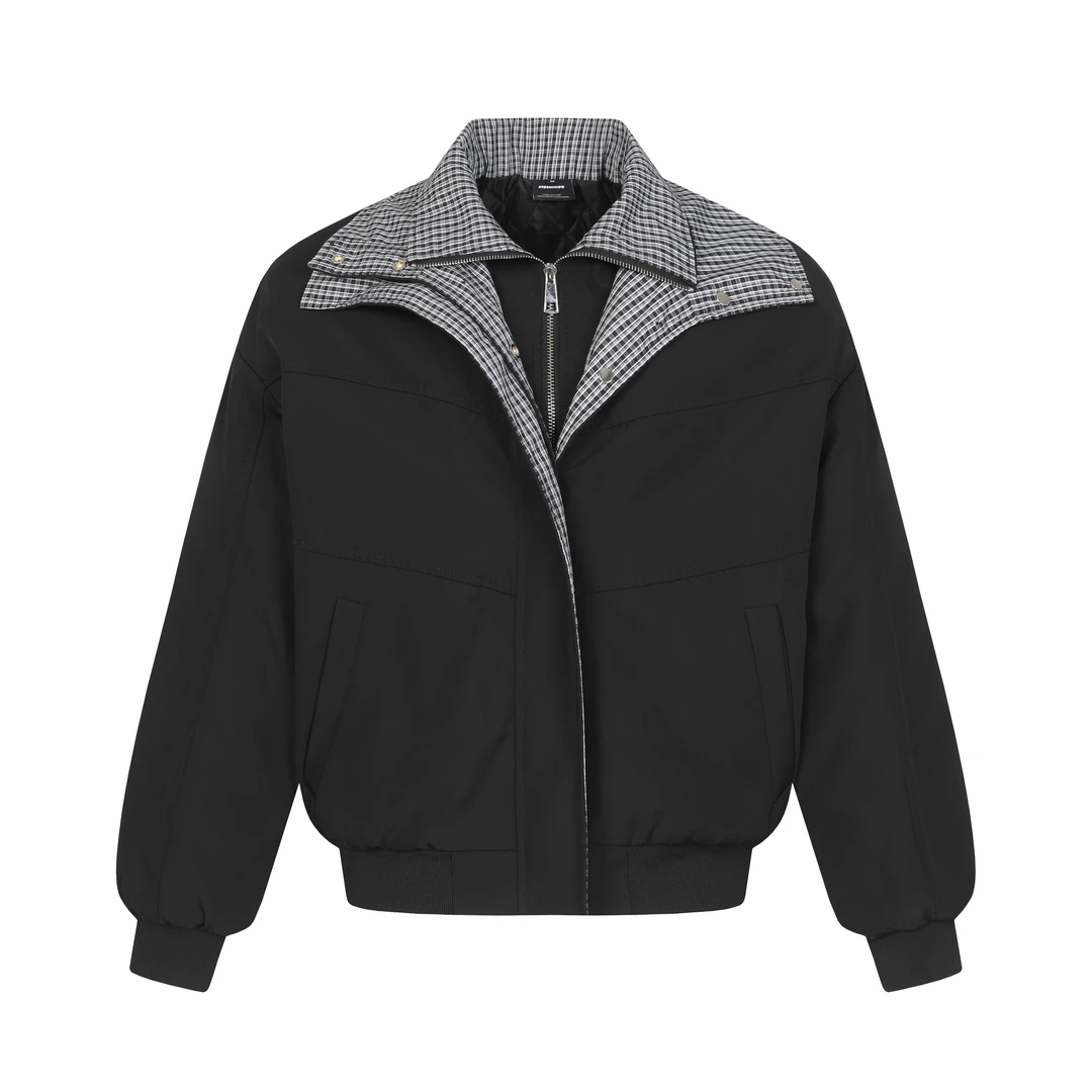 ADIUZI美式复古假两件拼接哈灵顿休闲拉链格纹棉服夹克外套棉衣男